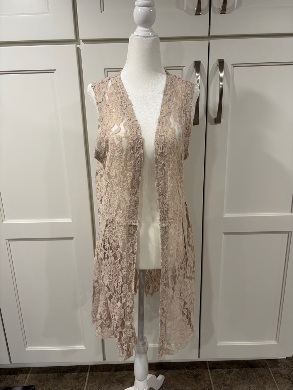 Voice of California AKA VocalBeige Lace Open Front Duster with Faux Suede Trim.